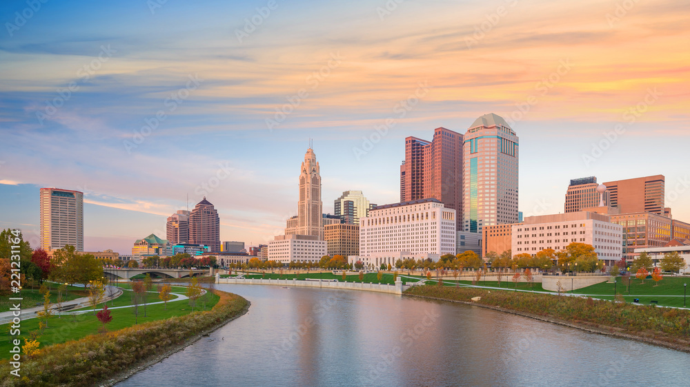 View of downtown Columbus Ohio Skyline at Sunset