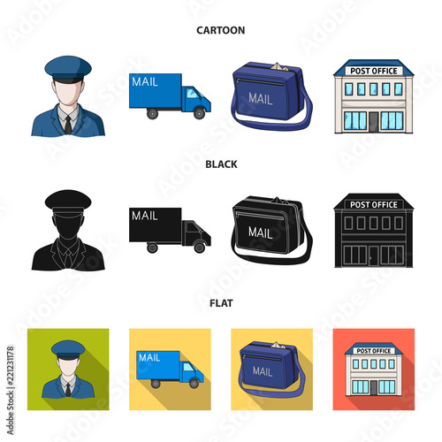 The postman in uniform, mail machine, bag for correspondence, postal office.Mail and postman set collection icons in cartoon,black,flat style vector symbol stock illustration web.