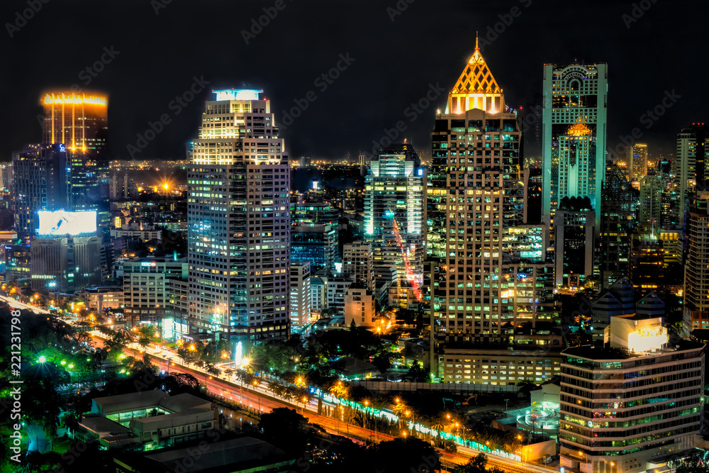 landscape scenery of buildings and skycrapers in the central business area of Bangkok city at nigjt