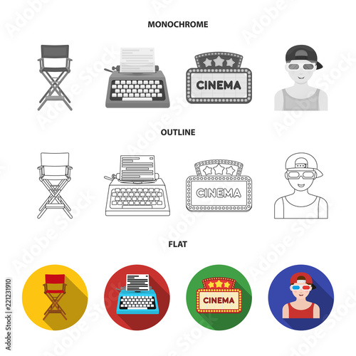 Chair of the director, typewriter, cinematographic signboard, film-man. Films and cinema set collection icons in flat,outline,monochrome style vector symbol stock illustration web.