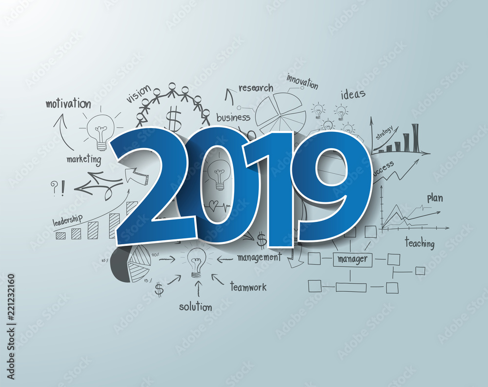 Blue tags label 2019 text design on creative thinking drawing ...
