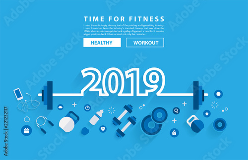 2019 new year fitness concept workout typography alphabet design with equipment. Vector illustration flat modern layout template