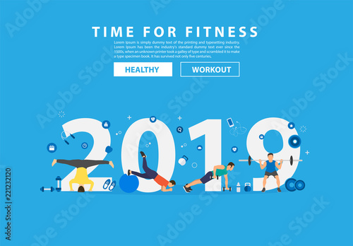 2019 new year fitness concept workout with equipment. Vector illustration modern layout template flat design