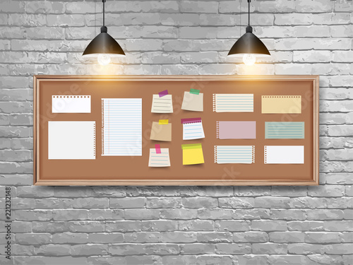 Vector illustration board with wood frame, different note papers, stick note and pins, And retro white brick wall background. Loft workspace concept