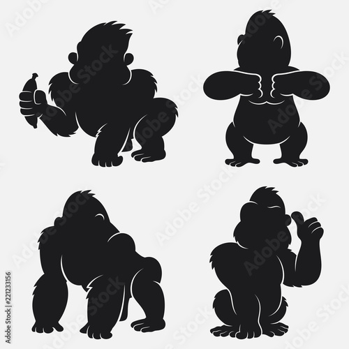 Set of Gorilla silhouettes cartoon with different poses and expressions