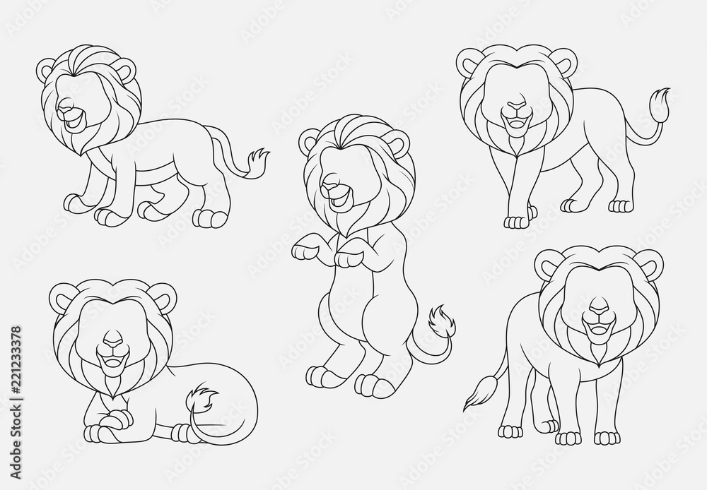 Cartoon Lion thin lines collection isolated on white background