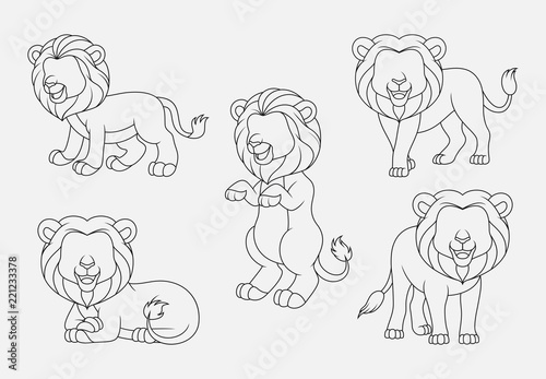Fototapeta Naklejka Na Ścianę i Meble -  Cartoon Lion thin lines collection isolated on white background