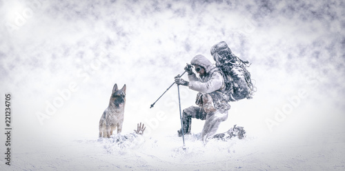 Stampa su tela Rescue in the snow with German shepherd dog and firefighter mountaineer - 3d Ill