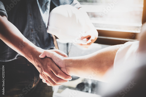 Business Cooperation  Construction  Design agreement concept. Handshake between designer engineers
