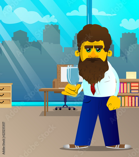 Yellow man holding a glass of champagne. Vector cartoon illustration.