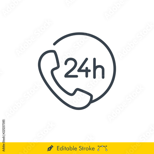 24 Hour Phone Icon / Vector - In Line / Stroke Design