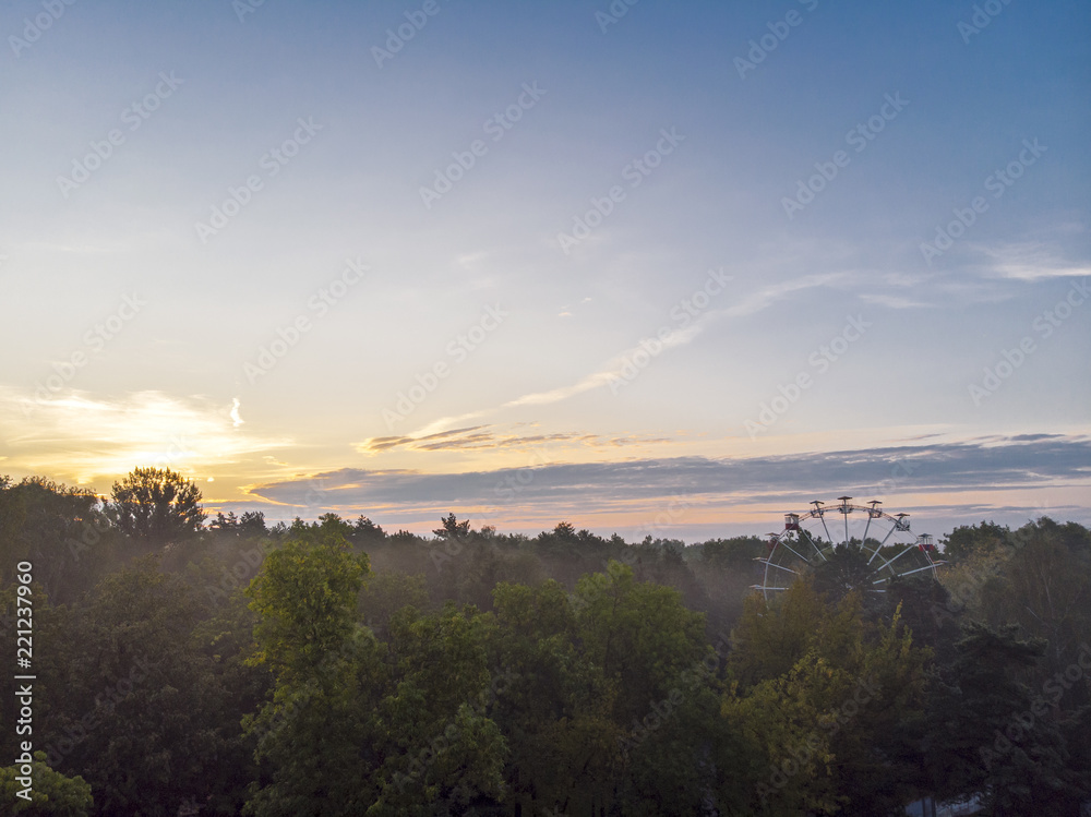 amusement park skyline in sunrise time. aerial view