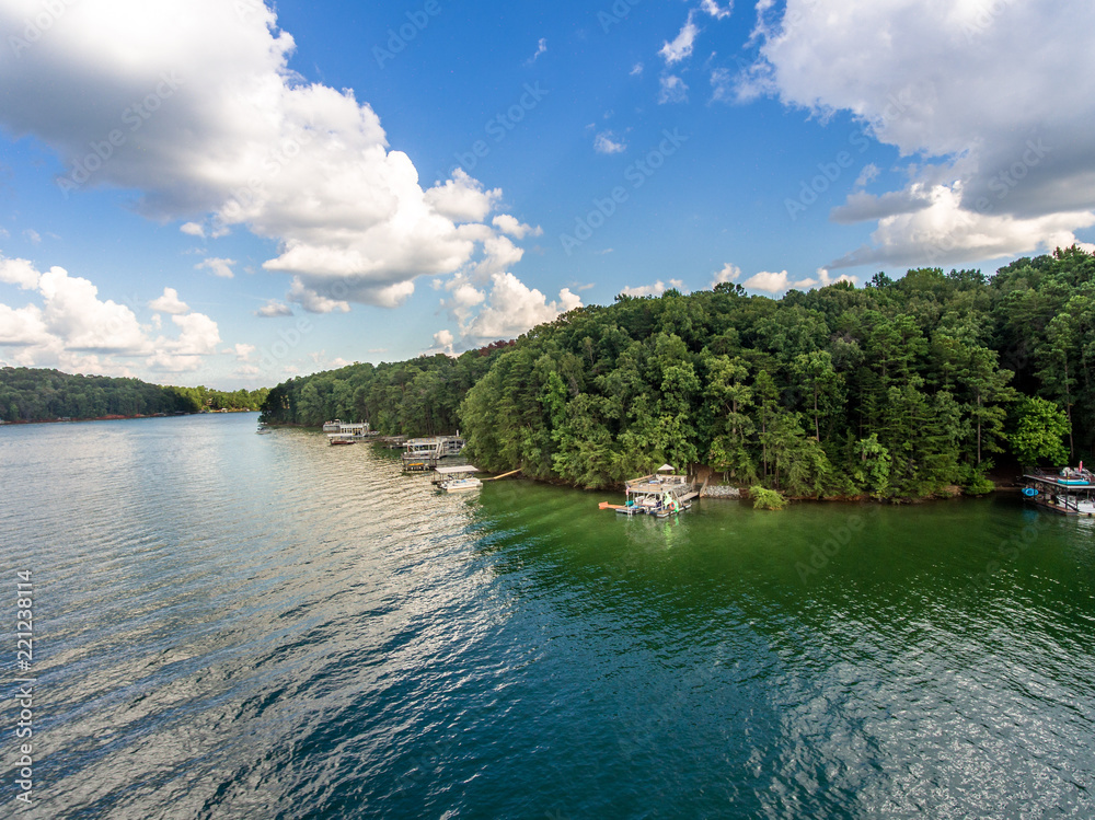 Aerial view of waterfront properties and boat docks in Lake Lanier