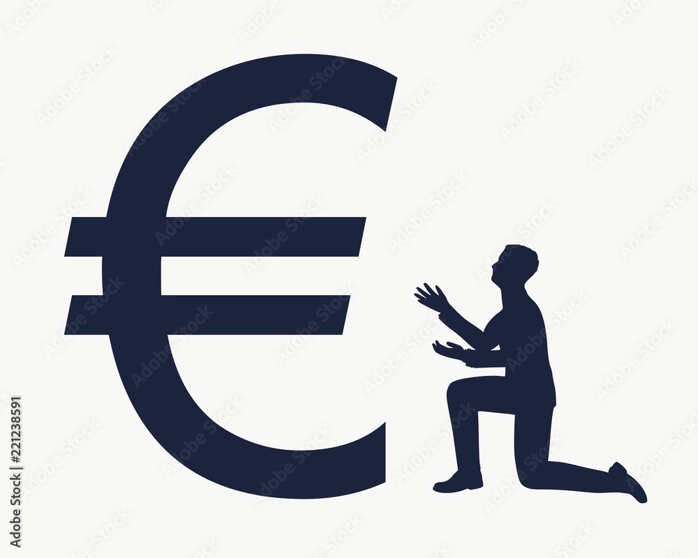 Silhouette of man in prayer pose. Man and symbol of euro currency Silhouette of man in prayer pose. Man and symbol of euro currency