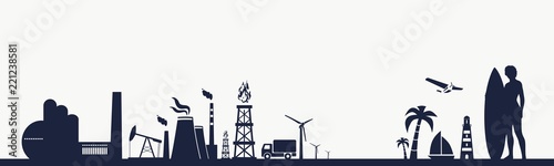 Industrial and tropical recreation relative silhouettes. Woman posing with surfboard,cruise ship, palm and lifeguard tower. Ecology concept