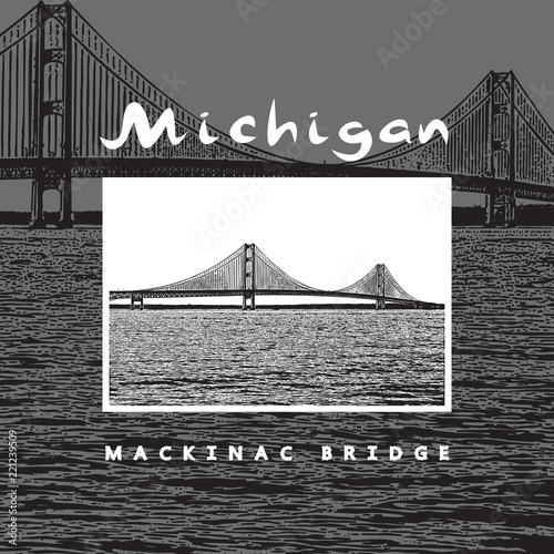 Mackinac Bridge - famous architectural construction in Michigan. Beautiful vector illustration of a long steel suspension bridge, architecture located in North America.