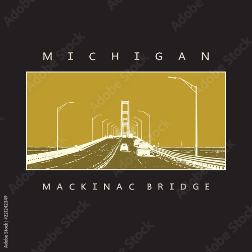 Mackinac Bridge - modern architecture construction in Michigan. Beautiful vector illustration of a long steel suspension bridge located in North America.