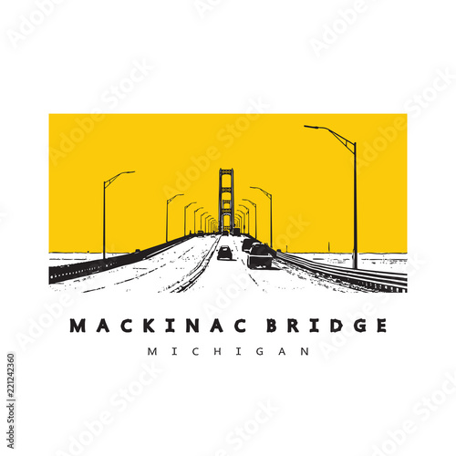 Mackinac Bridge - modern architecture construction in Michigan. Beautiful vector illustration of a long steel suspension bridge located in North America.