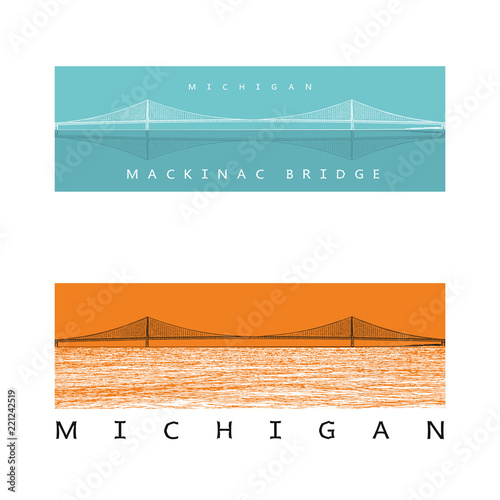 Mackinac Bridge - modern architecture construction in Michigan. Beautiful vector illustration of a long steel suspension bridge located in North America.