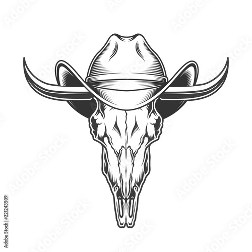 goat skull with horns and cowboy hat