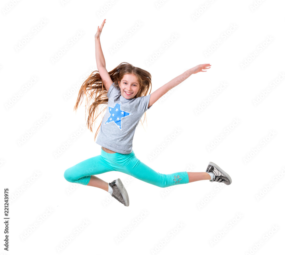 long-haired active girl dancing, isolated long-haired active girl dancing, isolated