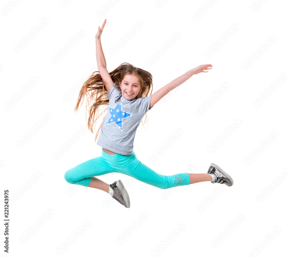 long-haired active girl dancing, isolated