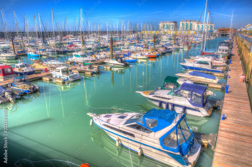 Brighton marina boats and yachts East Sussex England UK bright colourful HDR