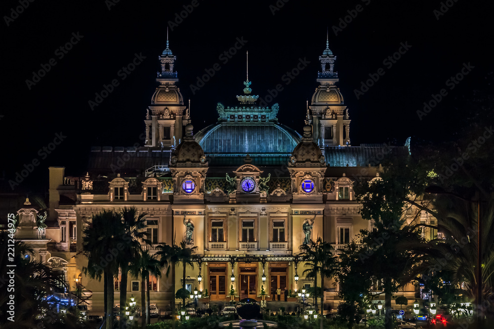 Monaco Grand Casino in Monte Carlo at night with illuminated facade