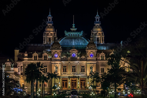 Monaco Grand Casino in Monte Carlo at night with illuminated facade