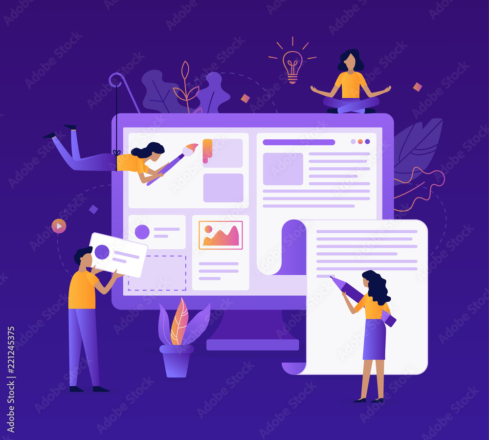 A team of web developers designs a news portal or information website. Website development. Flat vector illustration. A team of web developers designs a news portal or information website. Website development. Flat vector illustration.
