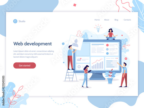 Web banner design template. Website development. The team of web developers constructs a personal user account or admin panel for the web site. Flat vector illustration.