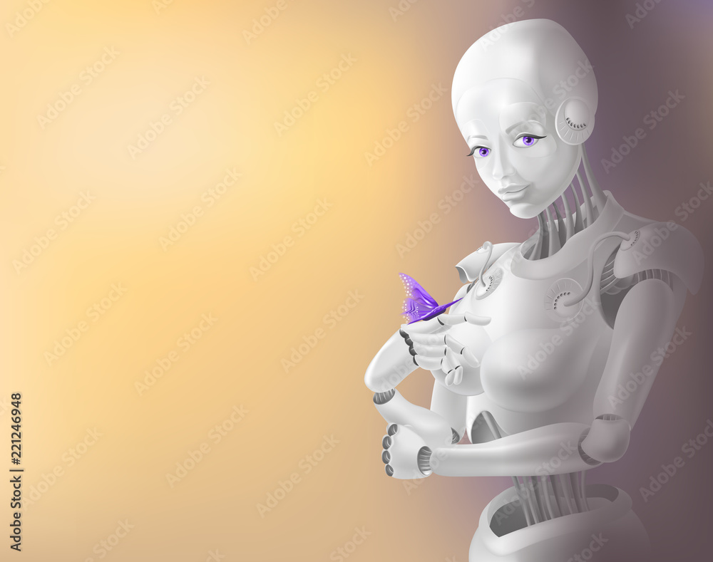 A robot woman holding a butterfly A robot woman holding a butterfly