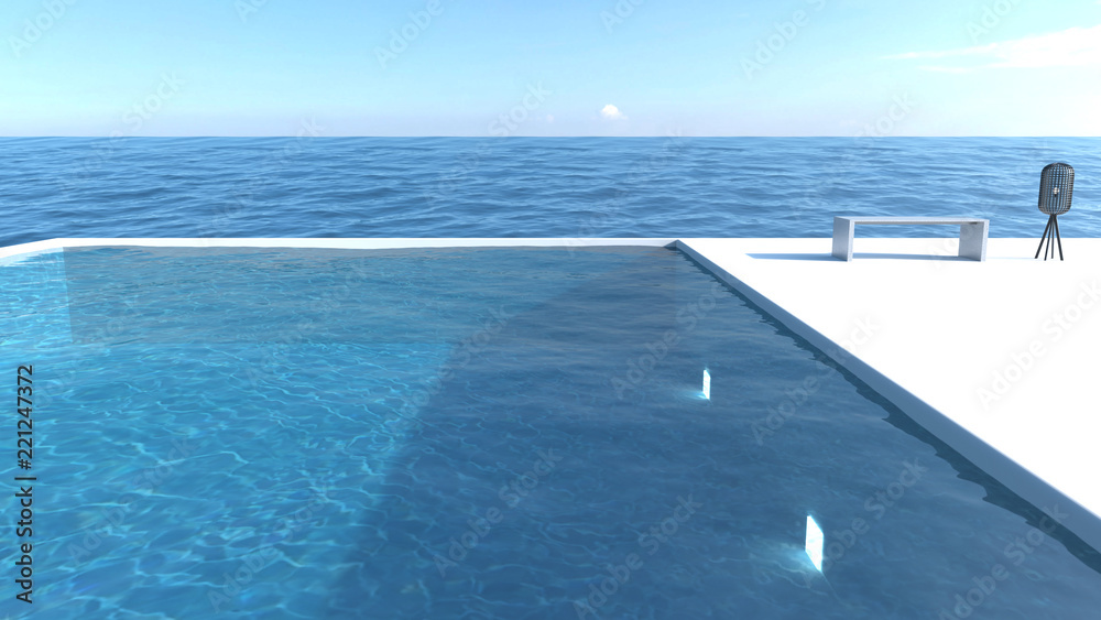 Luxury beach lounge sea view swimming pool and terrace in modern design with concrete chair on deck for hotel, resort or house - 3d render