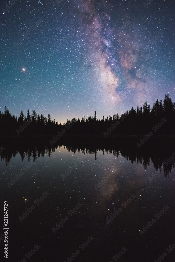 Reflection of Summer Milky Way Over Summit Lake in Lassen Volcanic National Park, California