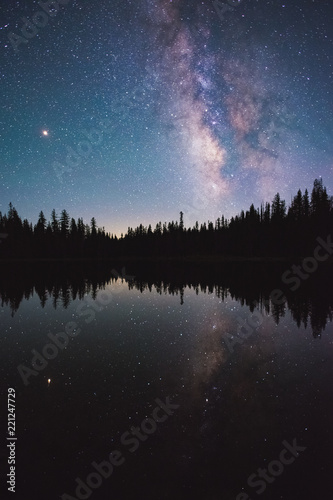 Reflection of Summer Milky Way Over Summit Lake in Lassen Volcanic National Park, California