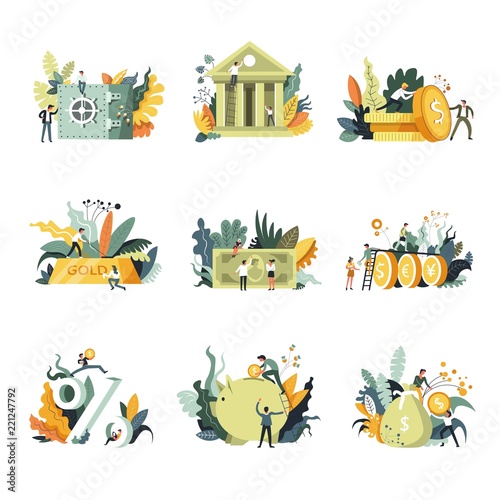 Bank institution saving money and banknotes set vector