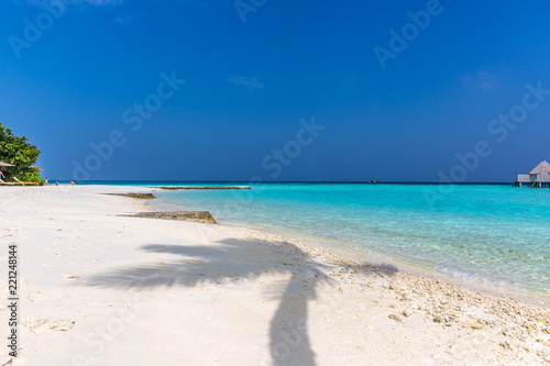 Fototapeta Naklejka Na Ścianę i Meble -  Palm tree shade in a white sand beach, perfect paradise destination in Maldives. Blue sky day, summer feeling.