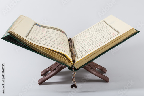 Koran and rosary beads for Islamic concept. Holy book quran for Muslims holiday, Ramadan,blessed Friday message and three months.