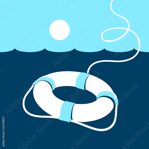 Ring lifebuoy and sea. Vector illustration. Blue. Dark blue. White.