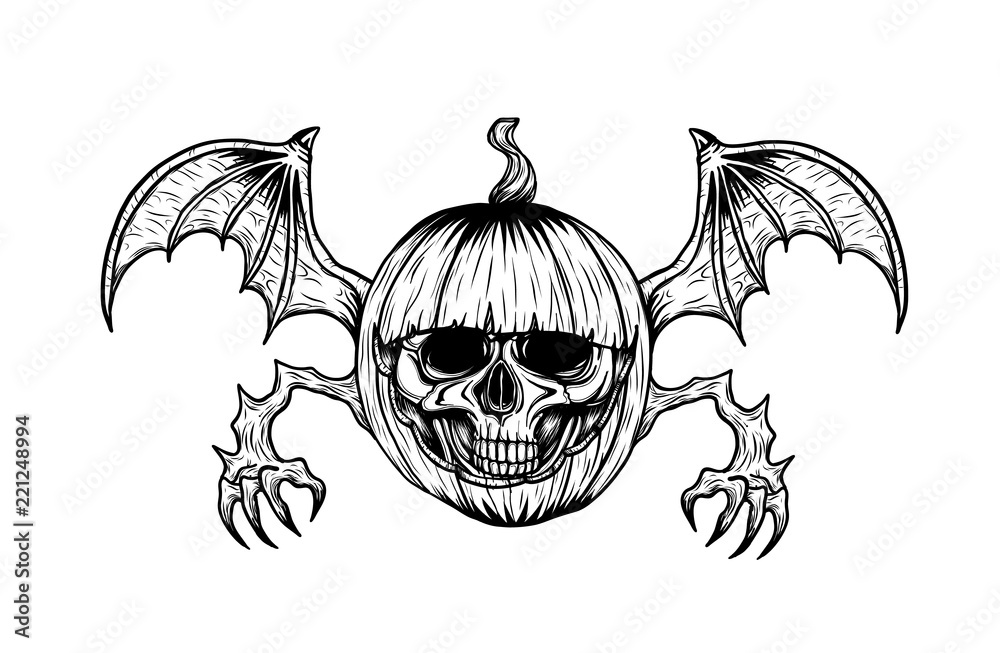 Skull with halloween pumpkin tattoo by hand  tattoo art highly  detailed in japanese line art  and white line art pattern for  paint Stock Vector | Adobe Stock