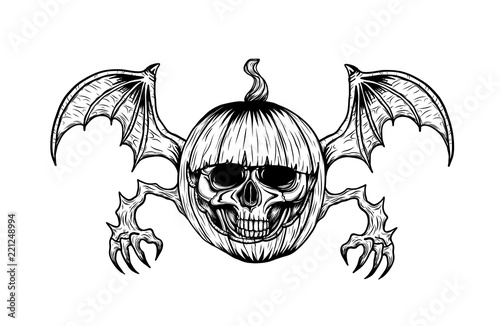 Skull with halloween pumpkin tattoo by hand drawing.Skull tattoo art highly detailed in japanese line art style.Black and white line art pattern for paint