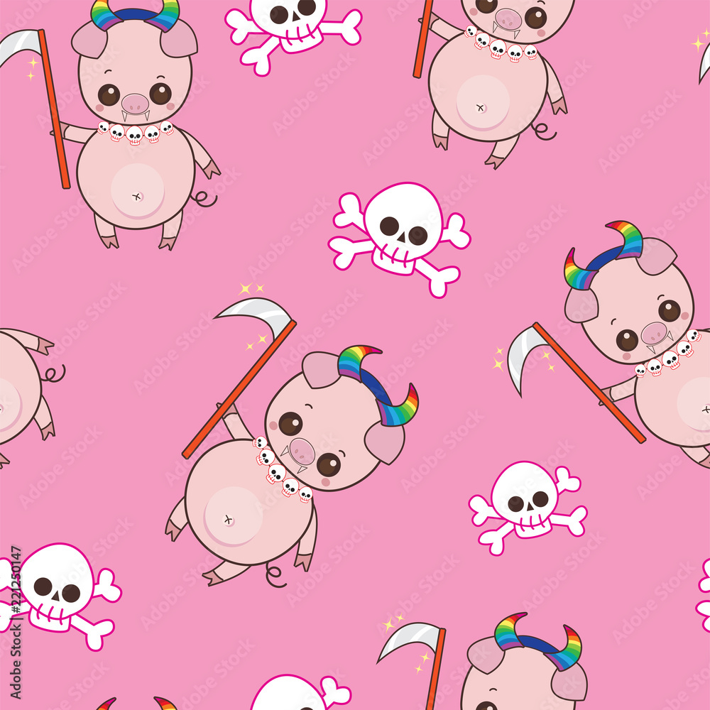 Seamless pattern cute little pigs cartoon with angel of death costumes and skull with bone.Trick or treat. Happy halloween concept.Character design.Vector illustration.