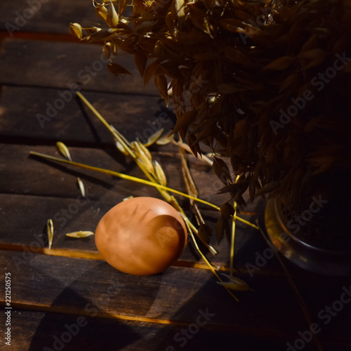 fresh chicken egg on wooden table in straw
