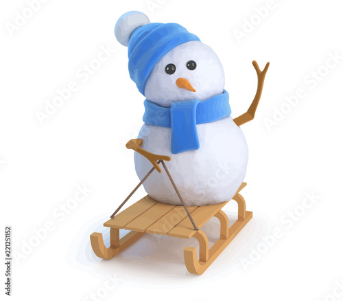 Vector 3d Snowman waves from his sledge