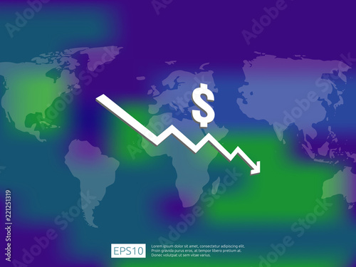 dollar money fall down symbol with world map and blur background. arrow decrease economy stretching rising drop. Business loss crisis decrease illustration. cost reduction bankrupt vector