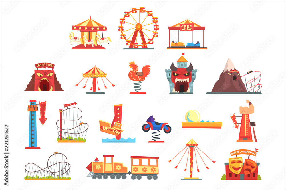 Naklejka premium Amusement park elements set, funfair attraction colorful cartoon vector Illustrations