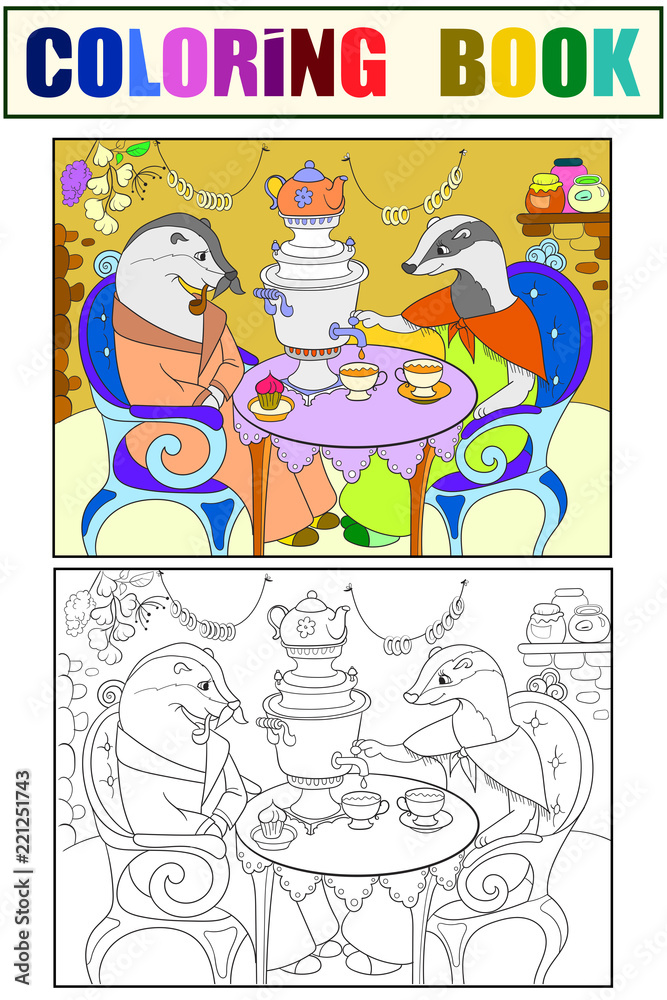 Fototapeta premium Family of badgers in their house in the kitchen coloring book for children cartoon raster illustration. Color, Black and white