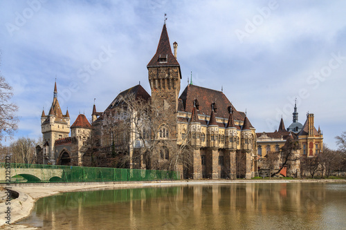 Sunset over Vajdahunyad Castle in the City Park of Budapest, Hungary