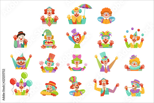 Happy cartoon friendly clowns character colorful vector Illustrations