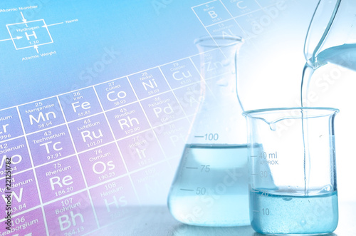 Laboratory glassware with periodic table of elements.